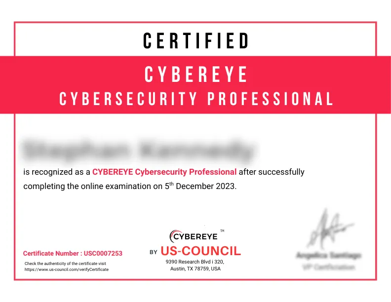 sample certificate for cybereye by us-council cybersecurity professional 